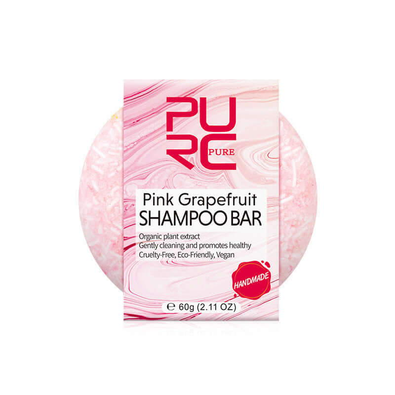 Pink grapefruit shampoo bar made with organic plant extracts, promoting healthy hair, cruelty-free and eco-friendly.