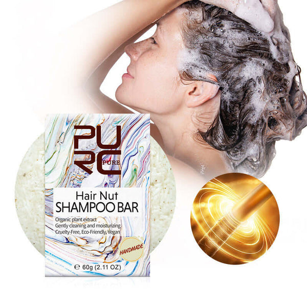 Hair Nut shampoo bar with plant extracts for gentle cleansing and moisturizing, perfect for healthy, shiny hair.