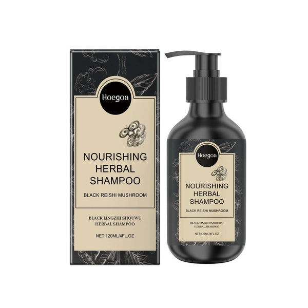 Herbal Nourishing Shampoo featuring Black Reishi Mushroom, 120ml bottle packaging, perfect for hair nourishment.
