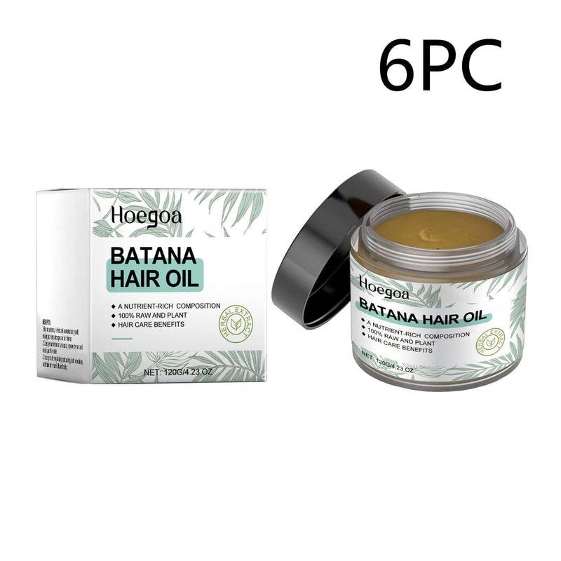 Hoegoa Batana Hair Oil jar and box showcasing 100% natural ingredients for nourished hair care.