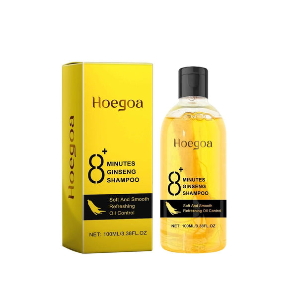 Hoegoa 8 Minutes Ginseng Shampoo bottle and box for soft, smooth hair with oil control, 100ml, essential herbal ingredients.