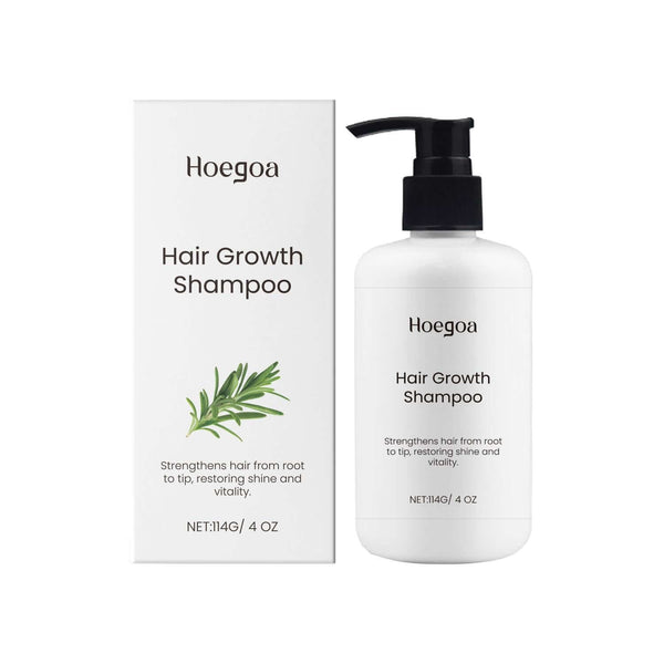 Hoegoa Hair Growth Shampoo in packaging, promotes hair strength and vitality, 4 oz bottle with rosemary extract.