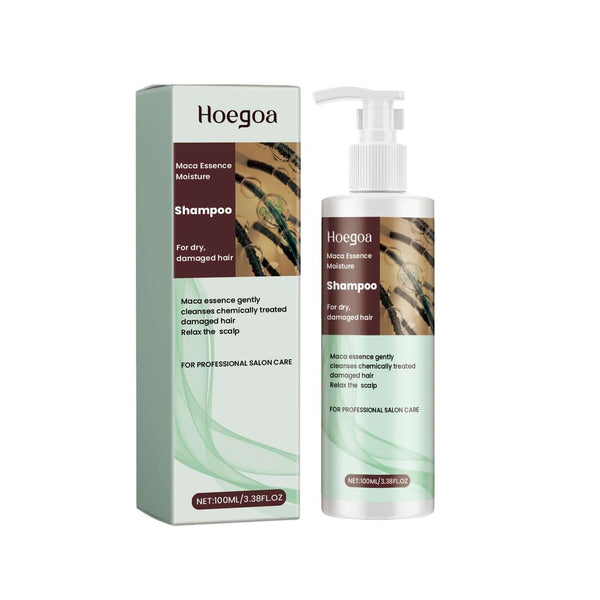 Hoegoa Mocha Essence Moisture Shampoo for dry, damaged hair in a 100ml bottle with a sleek design and pump dispenser.