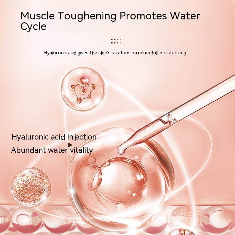 Close-up of hyaluronic acid droplet promoting hydration and skin vitality in skincare product infographic.