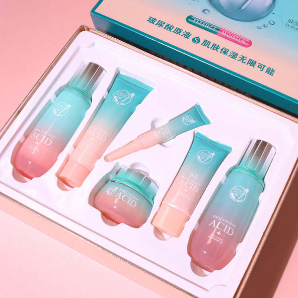 Skin care product set featuring hyaluronic acid moisturizing facial care items, including cleanser, cream, and BB cream.