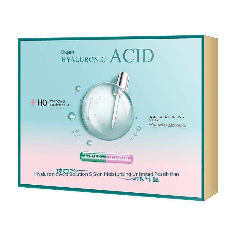 Hyaluronic Acid Facial Care Set for moisturizing smooth skin, featuring essence and natural nourishment in a stylish package.
