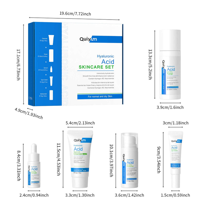 Hyaluronic Acid 5-piece Skin Care Set including cleanser, toner, essence, eye cream, and face cream for all skin types.