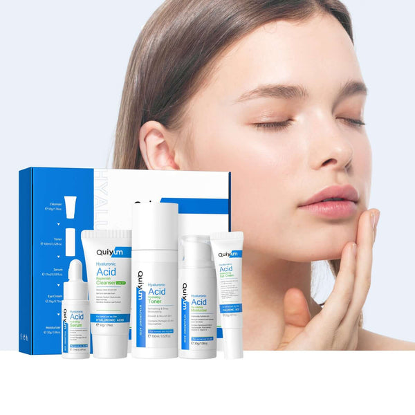 Hyaluronic Acid Skin Care Set showcasing 5-piece facial care product collection for all skin types and enhanced hydration.