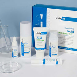 Hyaluronic Acid 5-piece Skin Care Set featuring cleanser, toner, essence, eye cream, and face cream for universal skin types.