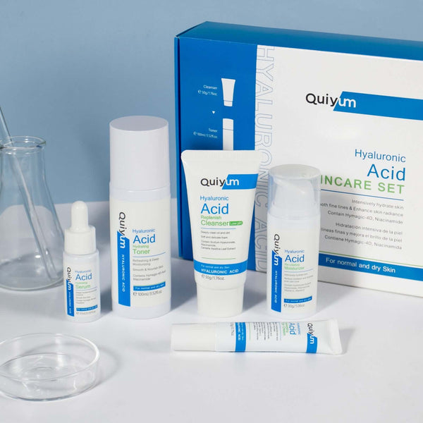 Hyaluronic Acid 5-piece Skin Care Set featuring cleanser, toner, essence, eye cream, and face cream for universal skin types.