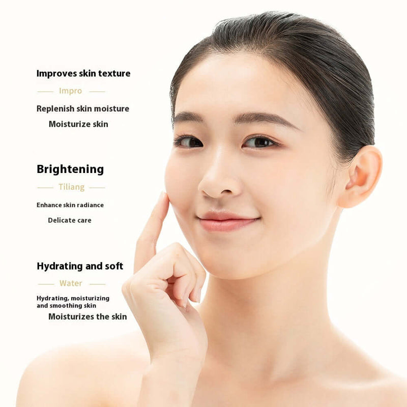 Woman showcasing benefits of hydrating water and lotion, highlighting skin texture improvement and moisturizing effects.