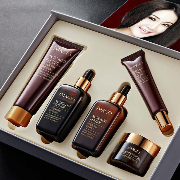 Hydrating and repairing skin care product set with avocado peptide in a brown gift box.