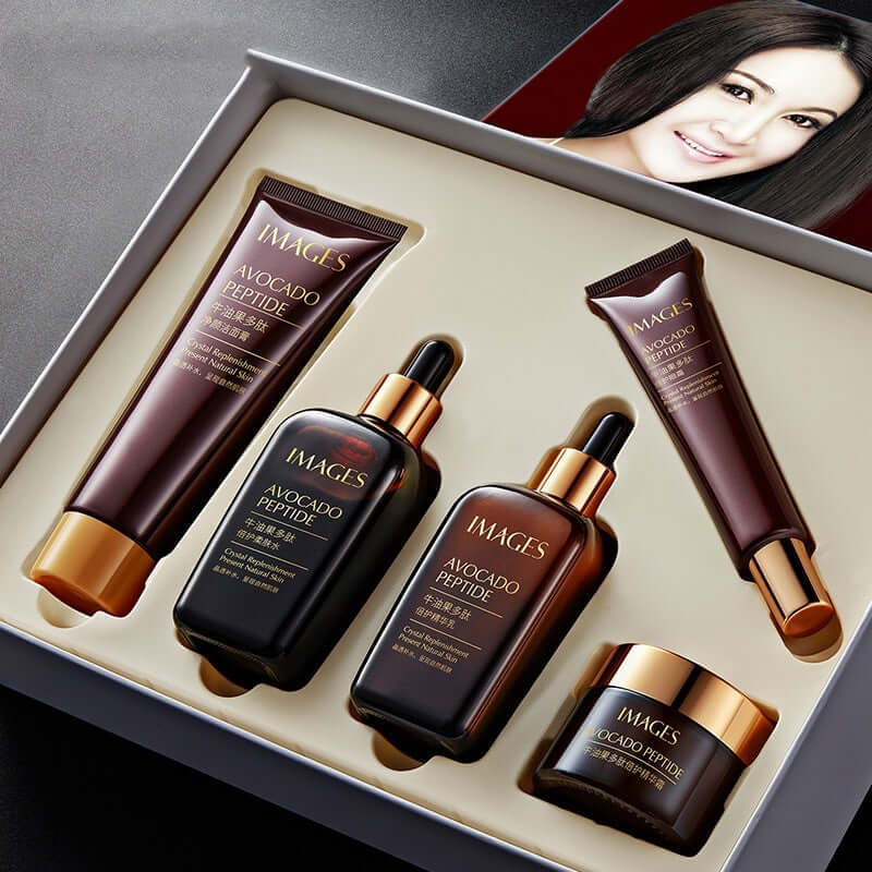 Hydrating and repairing skin care product set with avocado peptide in a brown gift box.
