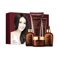 Avocado peptide skin care product set in brown packaging, featuring facial serum and cream for hydration and repair.