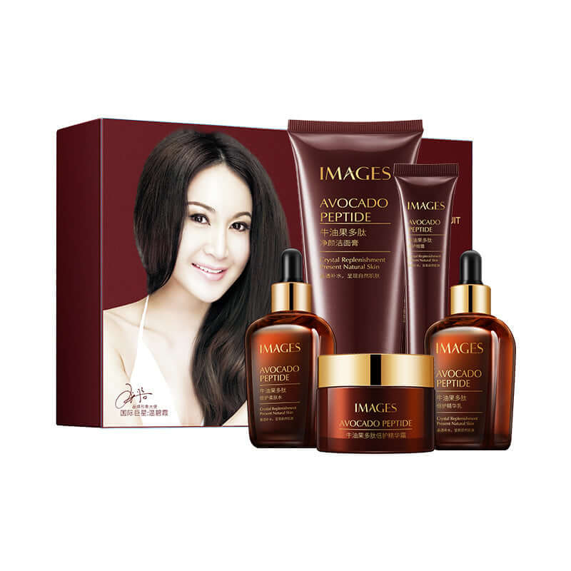Avocado peptide skin care product set in brown packaging, featuring facial serum and cream for hydration and repair.