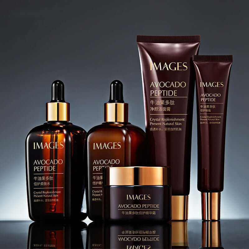 Hydrating avocado peptide skin care set in brown bottles for brightening and repairing skin. Includes serum and cream.