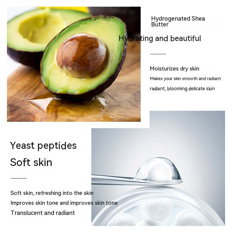 Image showcasing hydrogenated shea butter and yeast peptides for hydrating and improving skin tone in skincare products.
