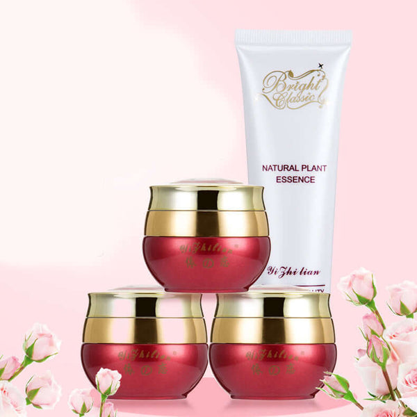 Hydrating skin care product set with natural plant essence and three cream jars for brightening skin and reducing pores.