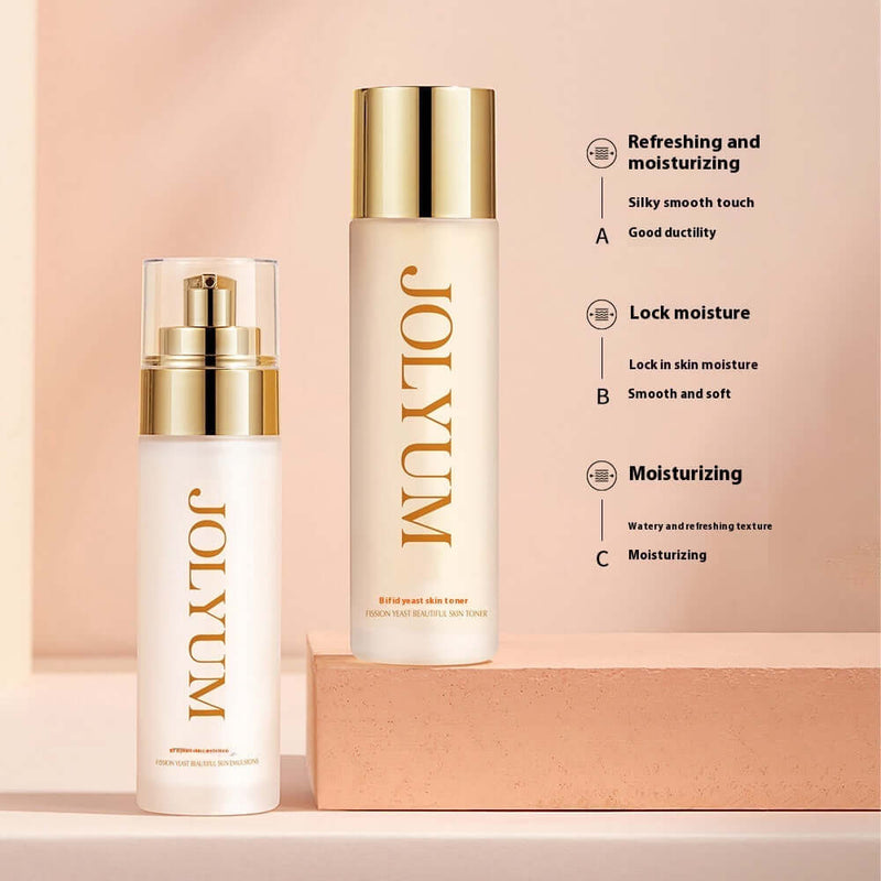 Hydrating Water Bank Essence set featuring toner and lotion bottles with golden caps, promoting refreshing skin moisture.