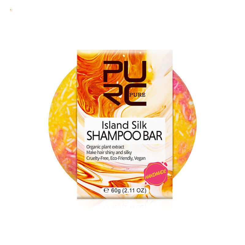 Island Silk shampoo bar with organic plant extracts for shiny, silky hair, cruelty-free and vegan, 60g.