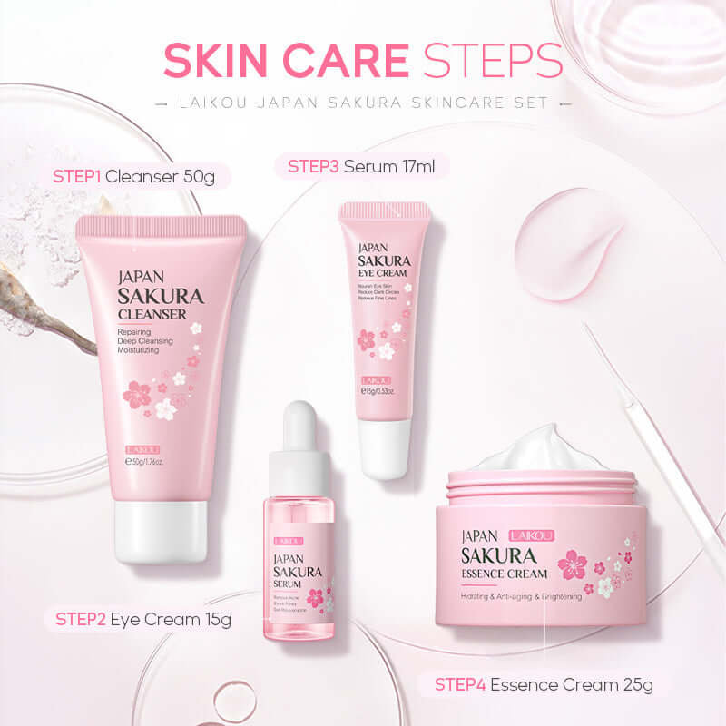 Sakura Skin Care Set 4-piece with Cleanser, Eye Cream, Essence, and Face Cream for hydrating skin.