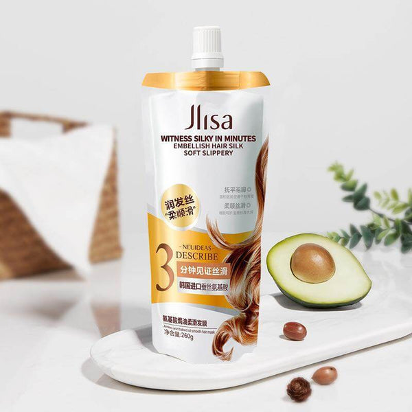 Amino Acid Hair Treatment in a sleek pouch, showcasing avocado and a hair care theme, promoting silky smooth hair.