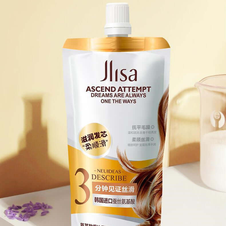 Amino acid hair treatment packaging with sleek design, promoting revitalized and smooth hair.