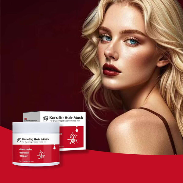 Keratin Hair Mask 150ml packaging alongside a model, showcasing hydration and hair repair benefits.