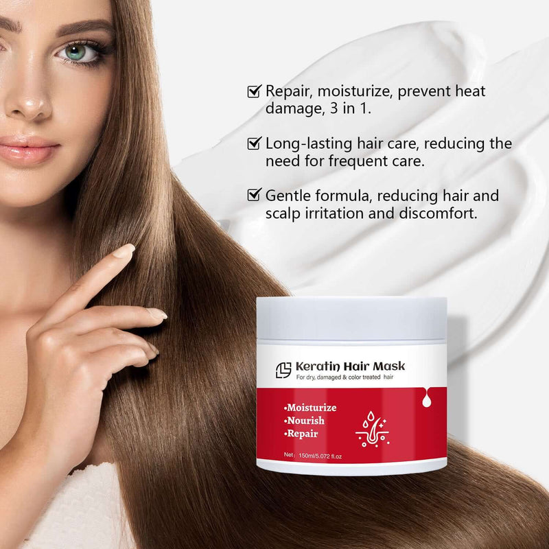 Keratin Hair Mask 150ml for repairing and moisturizing hair, with benefits for dry and color-treated hair.