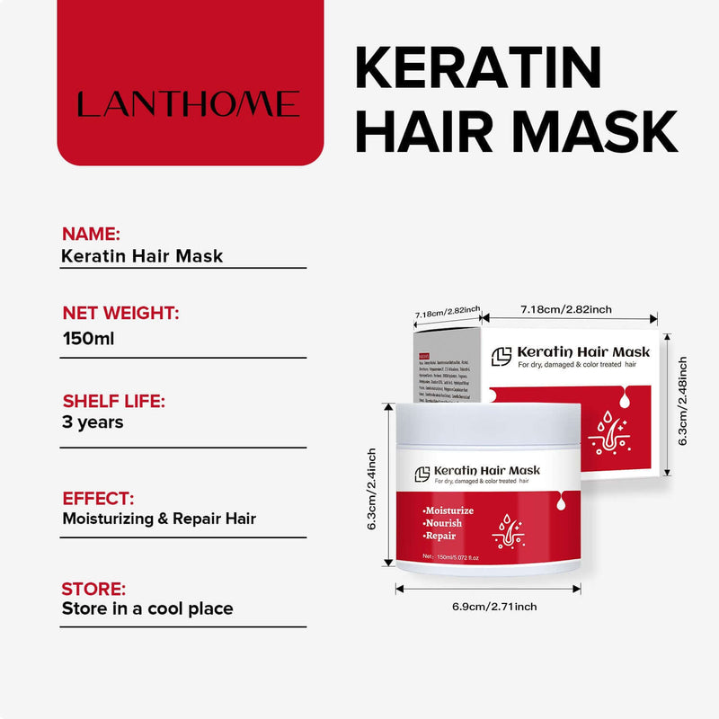 Lanthome Keratin Hair Mask 150ml packaging details, moisturizing and repair benefits, storage instructions.