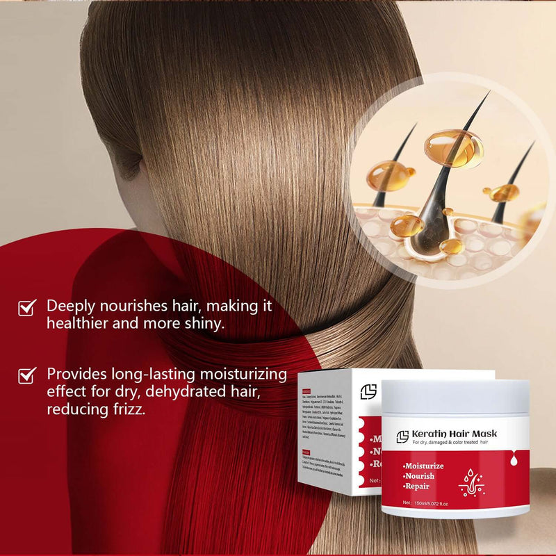 Keratin Hair Mask 150ml, deeply nourishes and moisturizes hair, making it healthier, shinier, and reducing frizz.