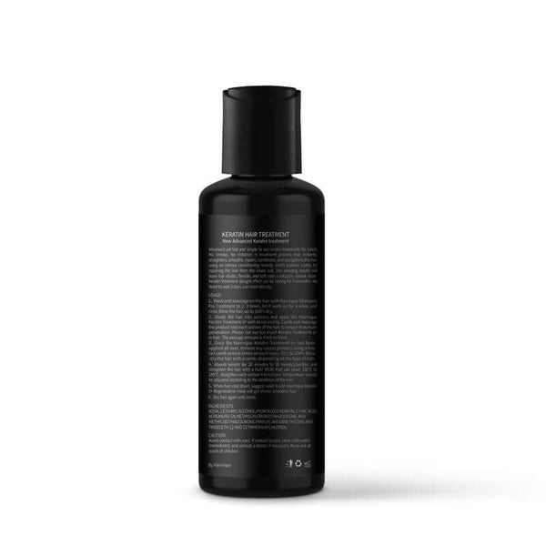 Back view of a keratin hair treatment bottle with detailed product information.