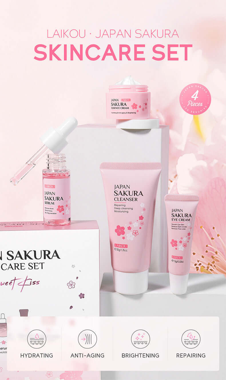 Laikou Japan Sakura Skin Care Set featuring 4-piece cleansing, essence, eye cream, and face cream for hydration and anti-aging.