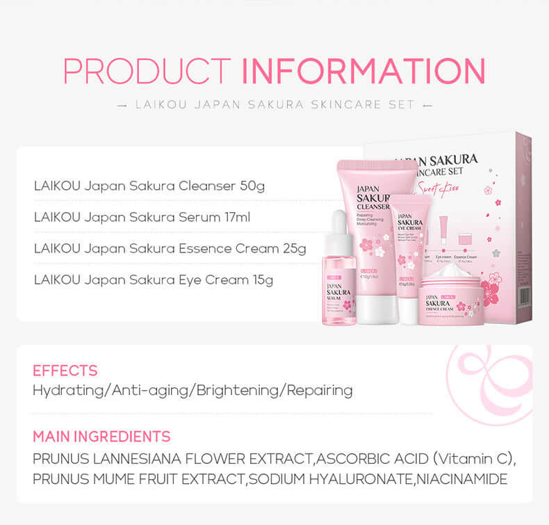 Laikou Japan Sakura Skin Care Set with cleanser, serum, essence cream, and eye cream for hydration and anti-aging.