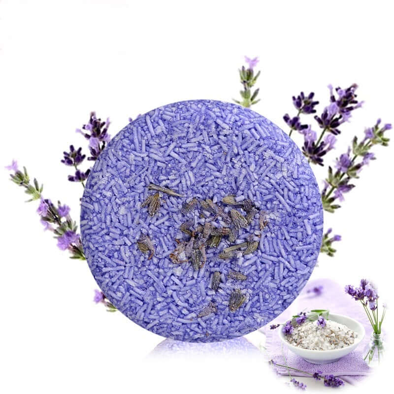 Lavender shampoo bar with purple texture featuring lavender flowers and herbal ingredients for gentle cleansing.