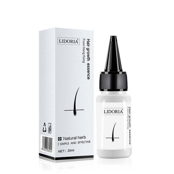 LIDORIA Hair Growth Essence bottle and packaging, 20ml, with natural herb formula for effective hair growth.