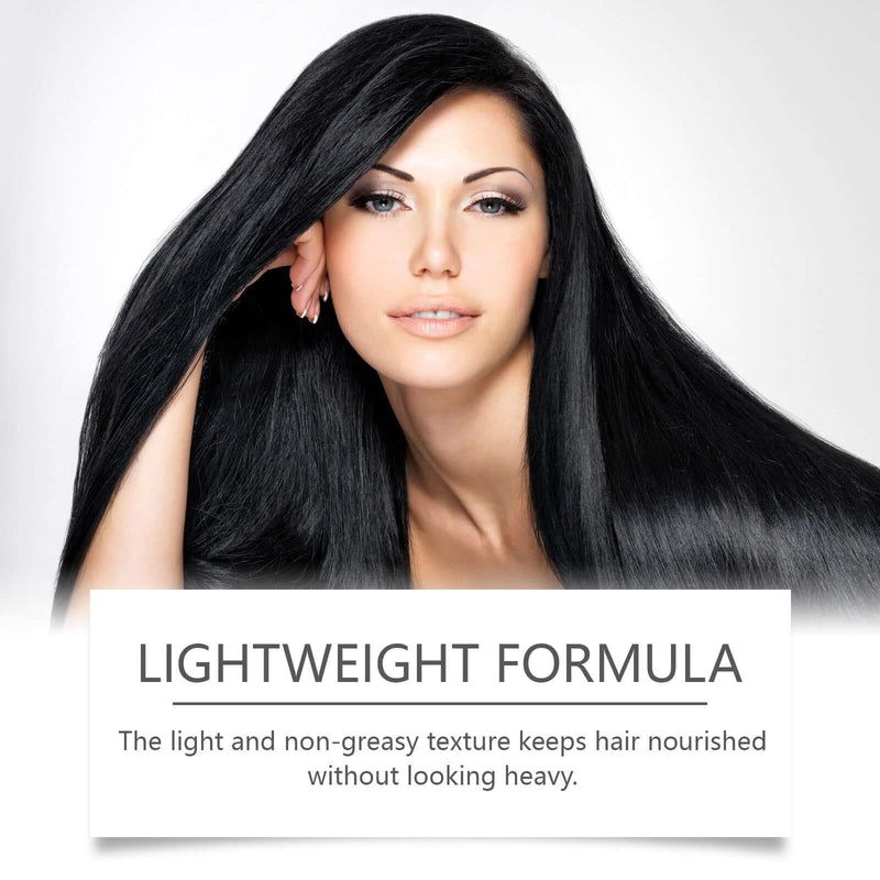 Woman showcasing silky, smooth hair using a lightweight, non-greasy hair care formula for nourishment.