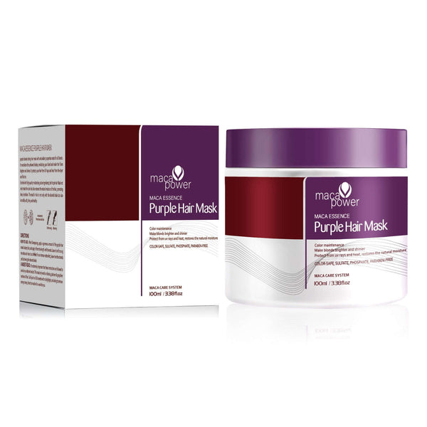 Maca Essence Purple Hair Mask 100ml in a jar for deep hair care, moisturizing, and anti-dandruff treatment.