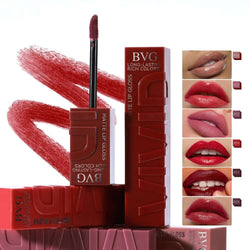 Matte finish lip lacquer set with applicator and swatches showcasing rich colors and non-fading gloss effect.