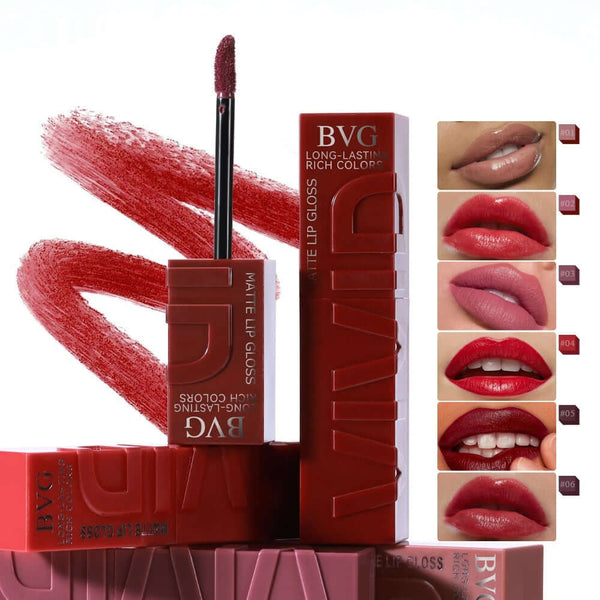 Matte finish lip lacquer set with applicator and swatches showcasing rich colors and non-fading gloss effect.