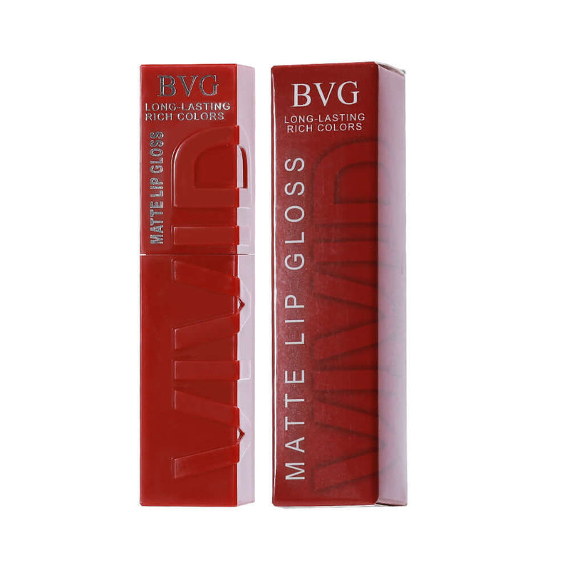 Matte finish lip lacquer set packaging showcasing BVG long-lasting rich colors and non-fading lip gloss in a vibrant red box.
