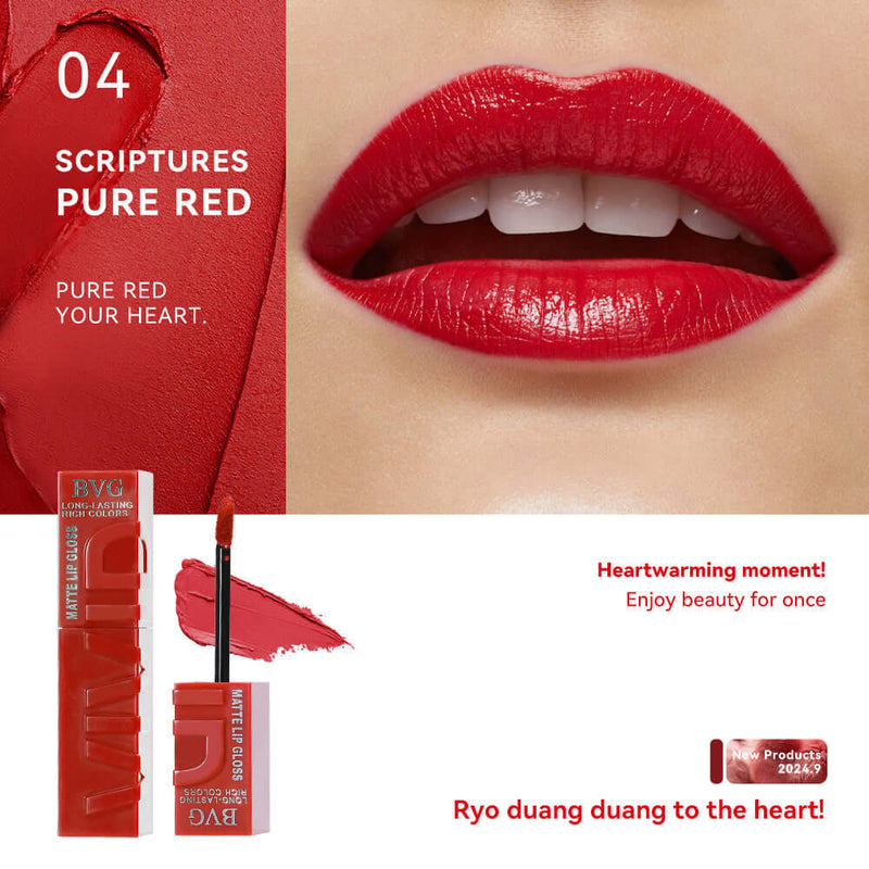 Vibrant Pure Red Matte Finish Lip Lacquer, showcasing glossy finish on beautifully painted lips.