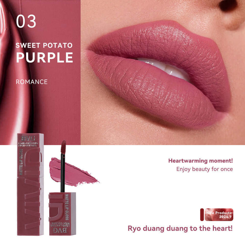 Matte finish lip lacquer in Sweet Potato Purple, showcasing creamy, nonstick, and moisturizing lip gloss. Ideal for lasting wear.