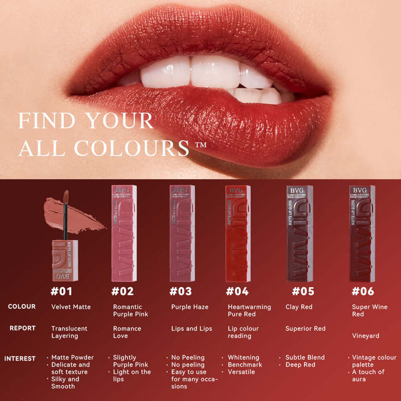 Matte finish lip lacquers in six shades, featuring a stunning lip look and product details for each color.