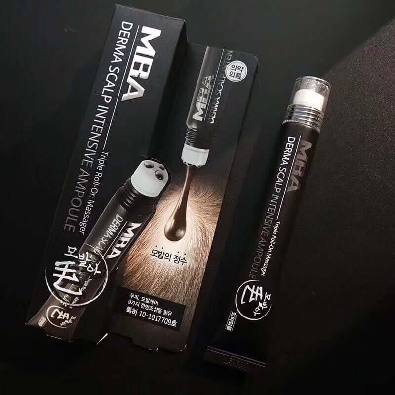 MBA Derma Scalp Intensive Ampoule with Triple Roller Massager for hair and scalp care.