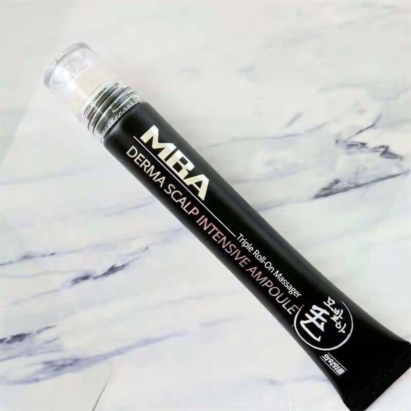 MBA Derma Scalp Intensive Ampoule with triple roller for scalp care, promoting healthy hair growth.