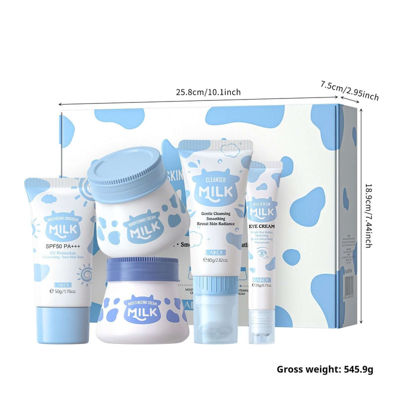 Milk Skin Care 5-piece set with moisturizer, sunscreen, cleansing cream, and eye cream for universal skin types.