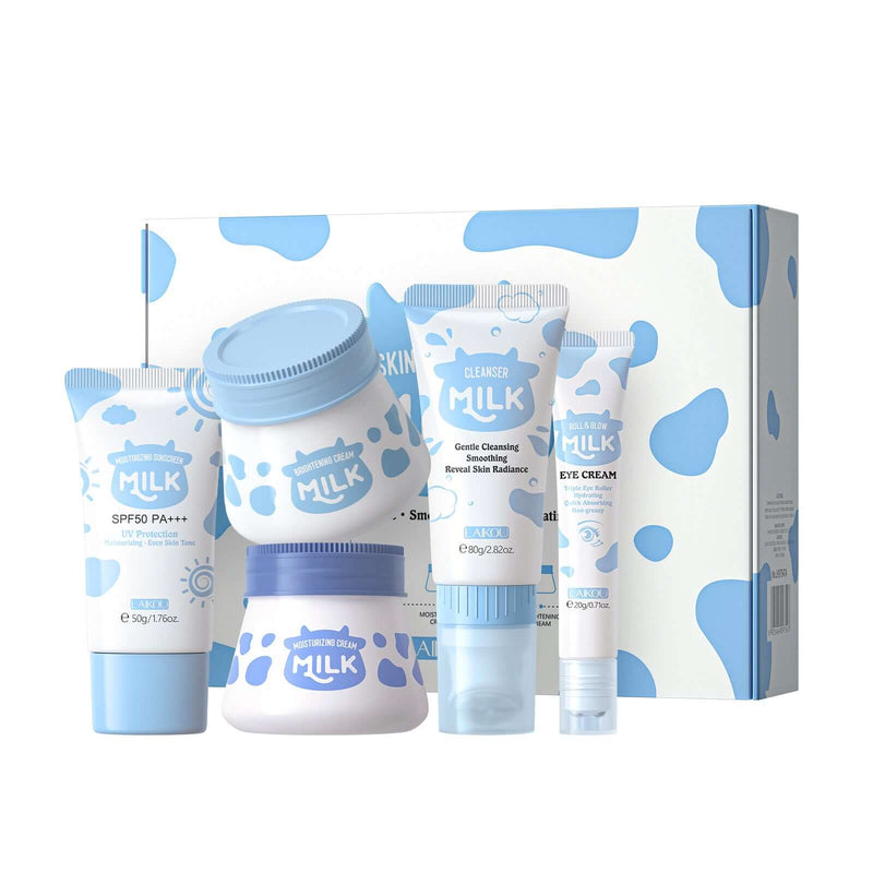 Milk Skin Care 5-piece set featuring cleansing, moisturizing, and eye cream for universal skin types.