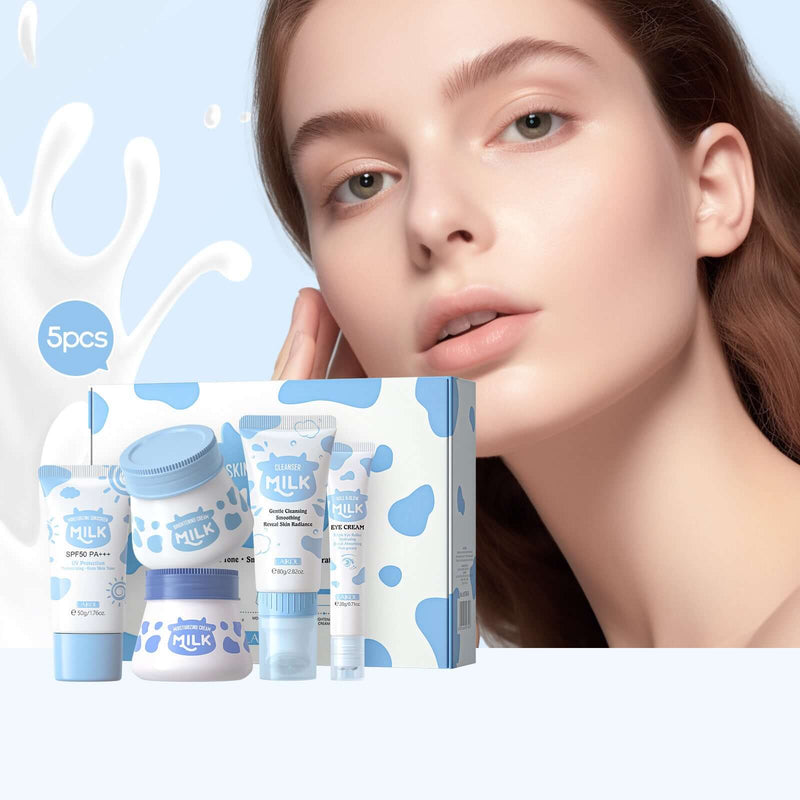 Milk Skin Care 5-piece Set with moisturizing products displayed next to a model with glowing skin.