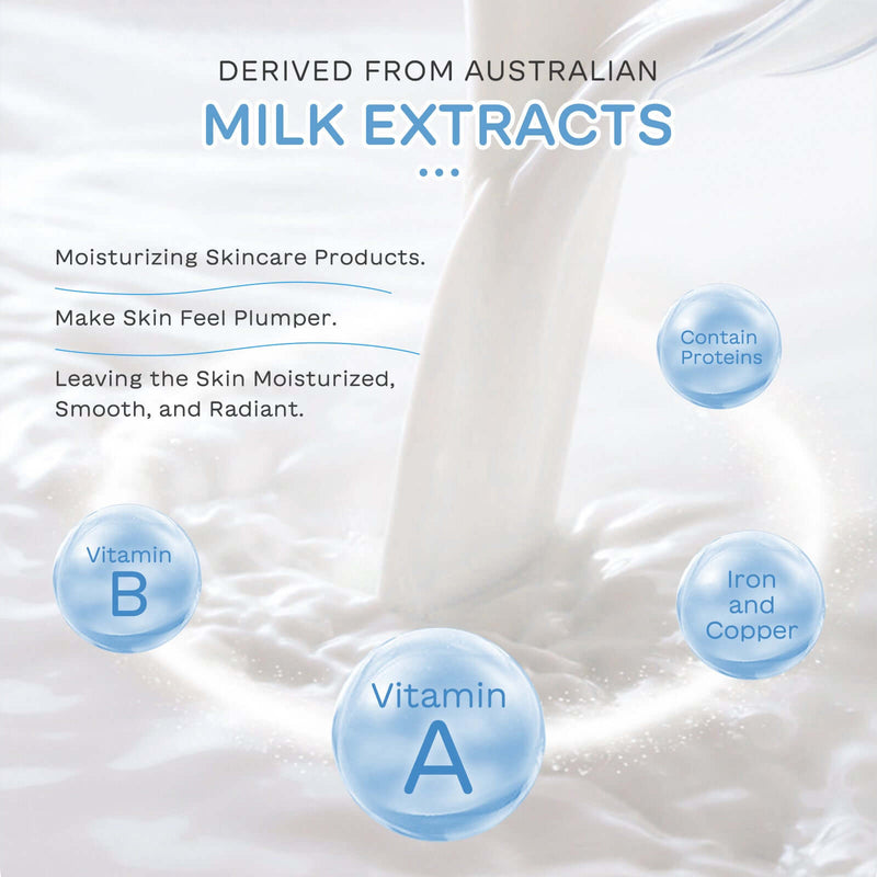 Milk skincare products with Australian milk extracts for plumper, moisturized skin rich in vitamins and minerals.